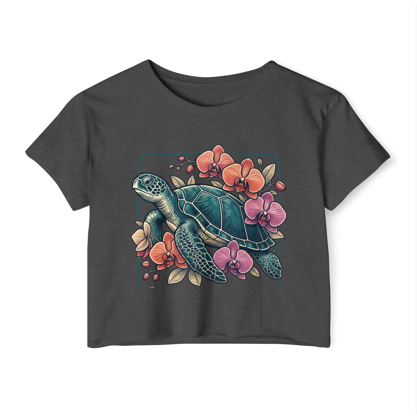 Turtle Floral Crop Top — Women’s Tropical Sea Turtle Graphic Tee