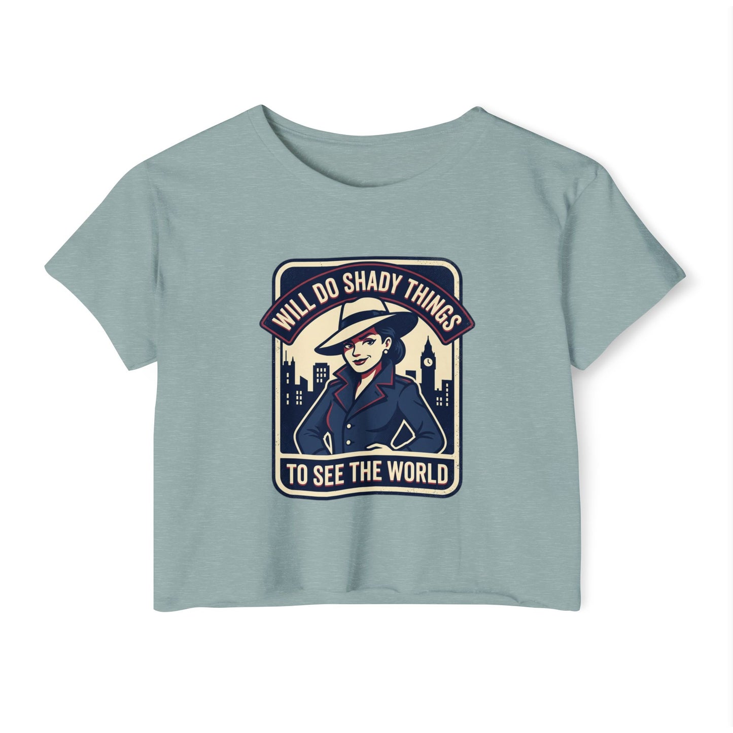 Crop Top — "Will Do Shady Things to See the World" Retro Travel Graphic