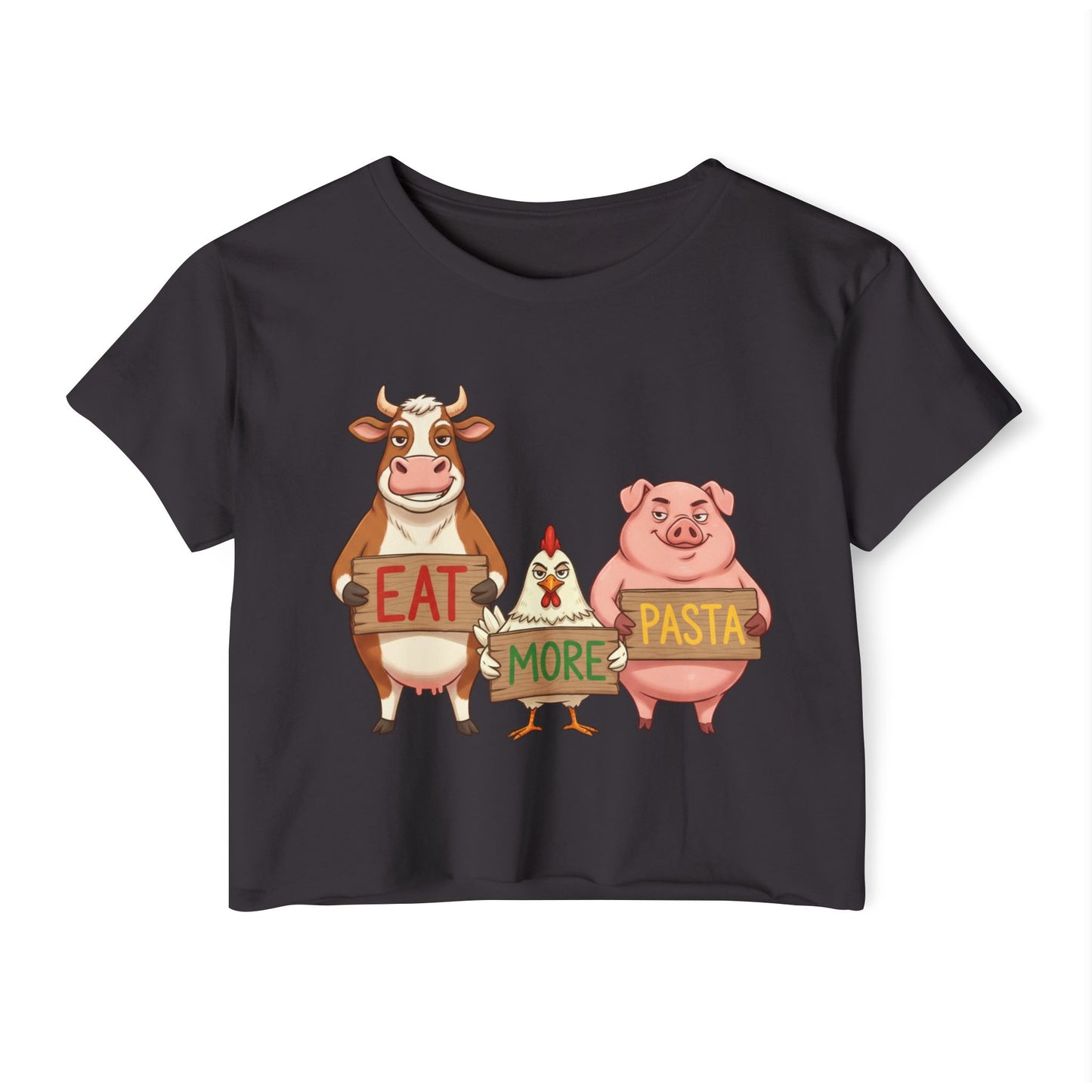 Eat More Pasta cow chicken pig design Crop Top | farm animal illustration, funny