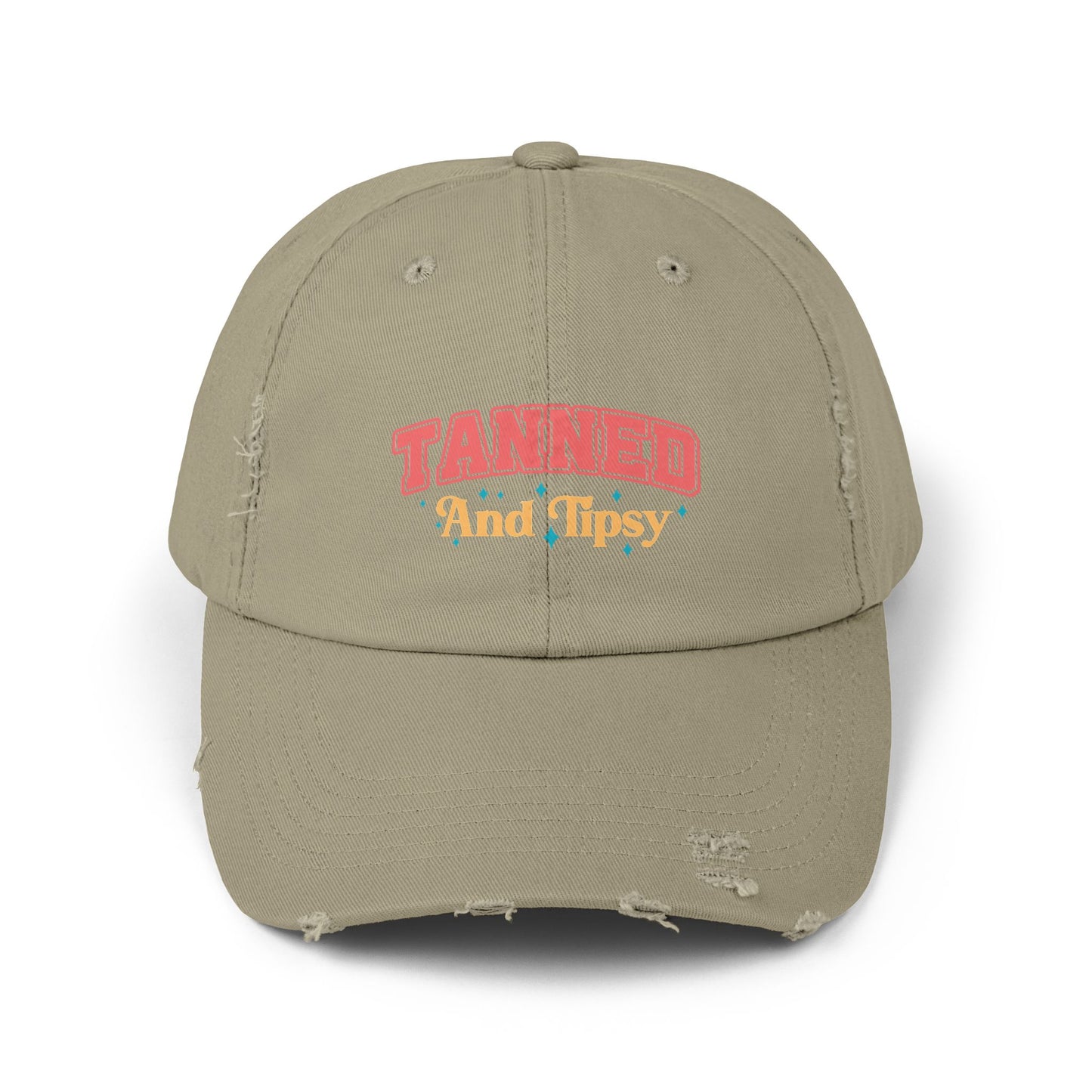 Distressed Cap with 'Tanned and Tipsy' Design | Trendy Summer Accessory, Gift for Friends, Beachwear Essential, Outdoor Events