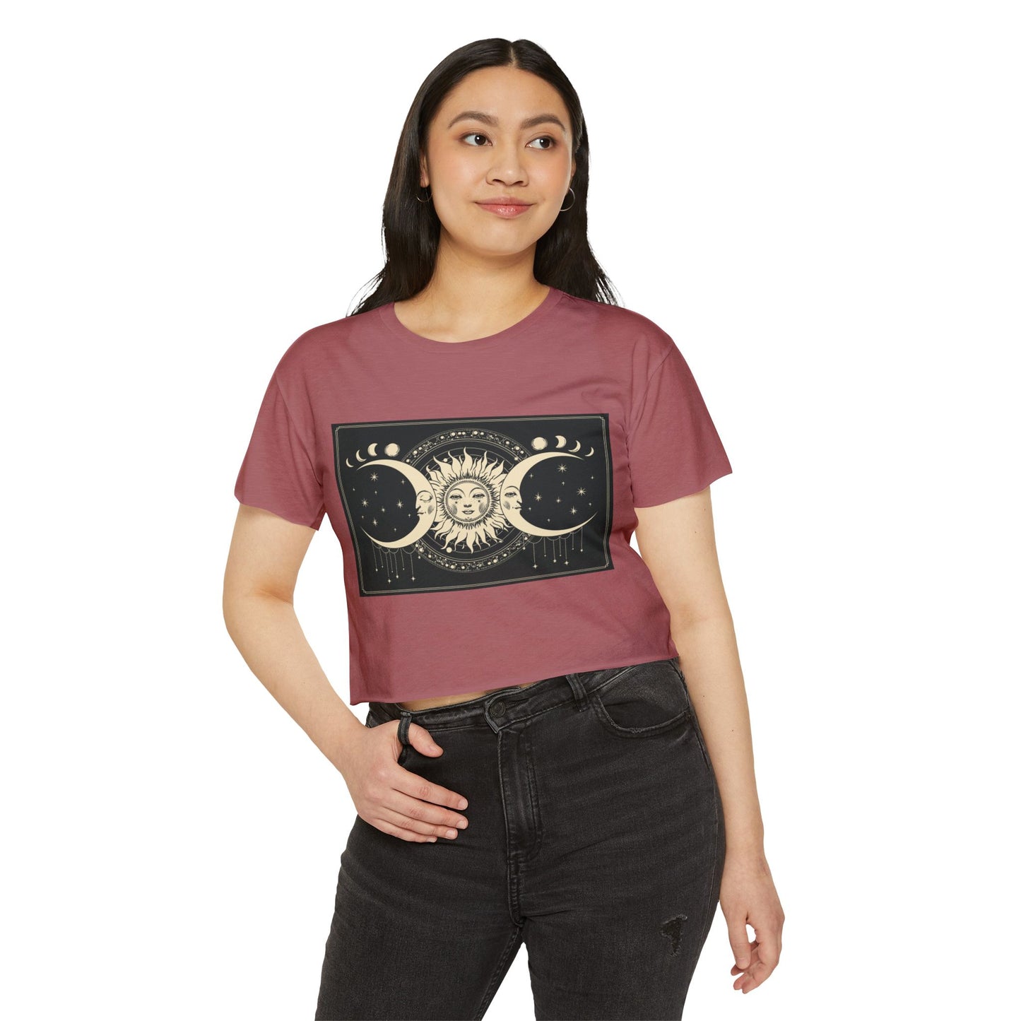 Celestial Sun & Moon Crop Top — Boho Festival Women's Tee