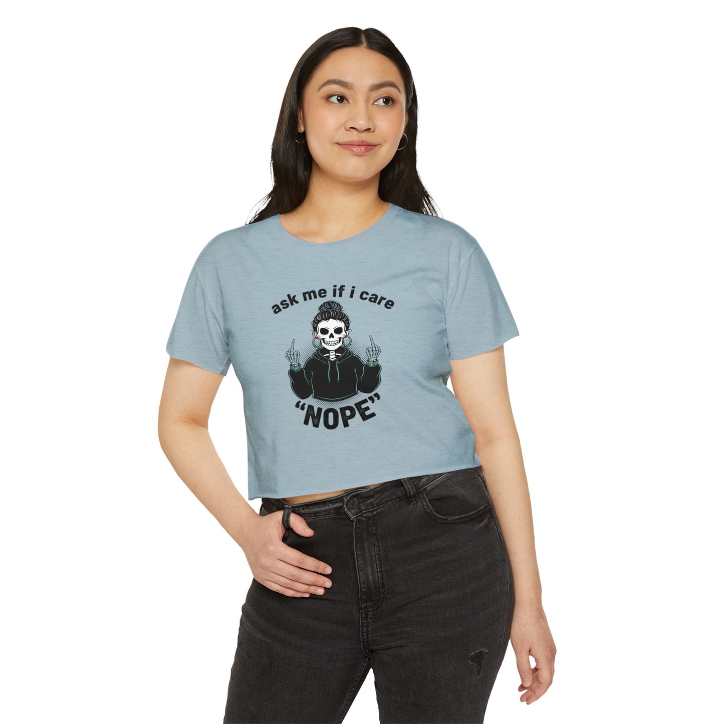 Crop Top — "Ask Me If I Care" Skull Graphic Festival Shirt