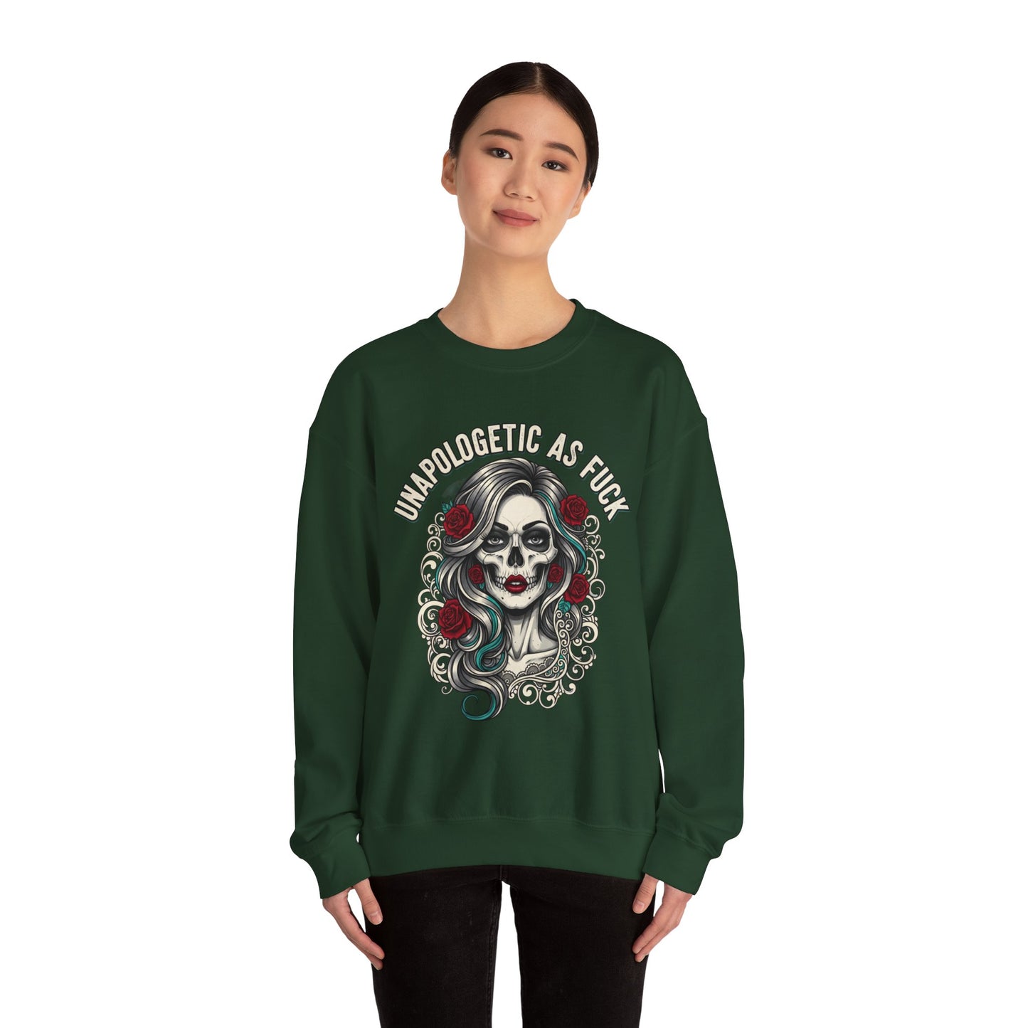 Unapologetic Skull Girl Crewneck Sweatshirt | Day of the Dead Floral Graphic