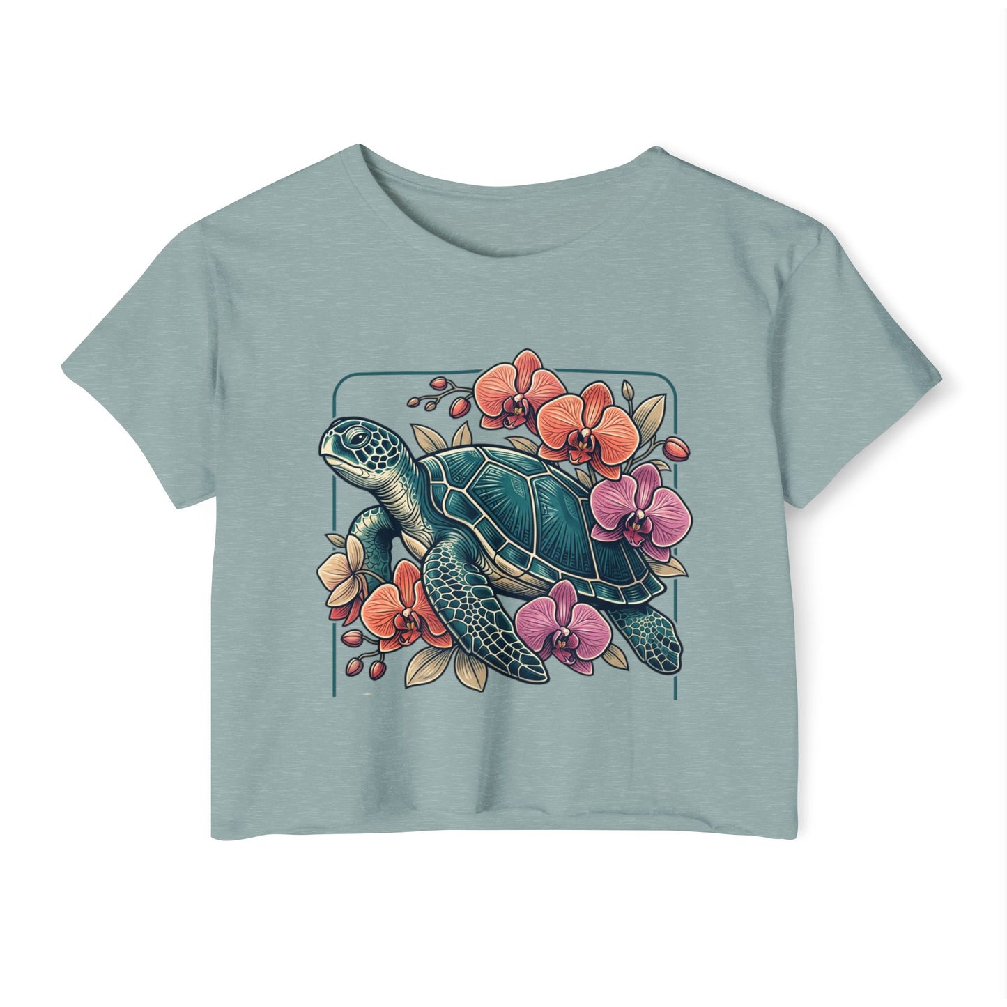 Turtle Floral Crop Top — Women’s Tropical Sea Turtle Graphic Tee