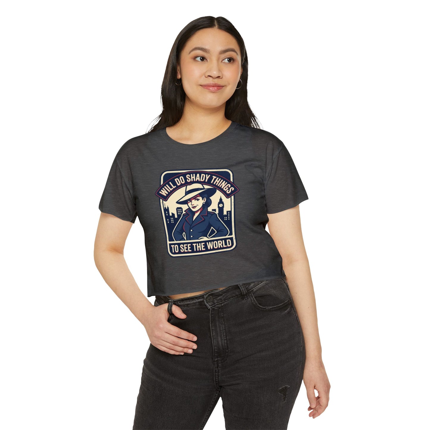 Crop Top — "Will Do Shady Things to See the World" Retro Travel Graphic