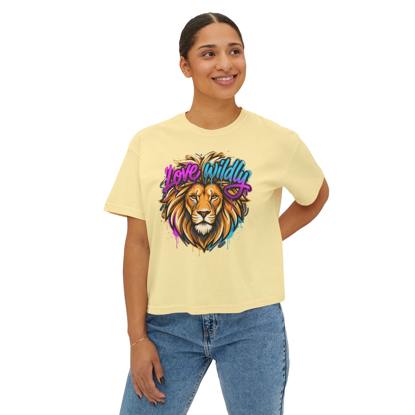 Love Wildly Lion Graphic Tee | Women's Boxy Tee, Colorful Lion Illustration