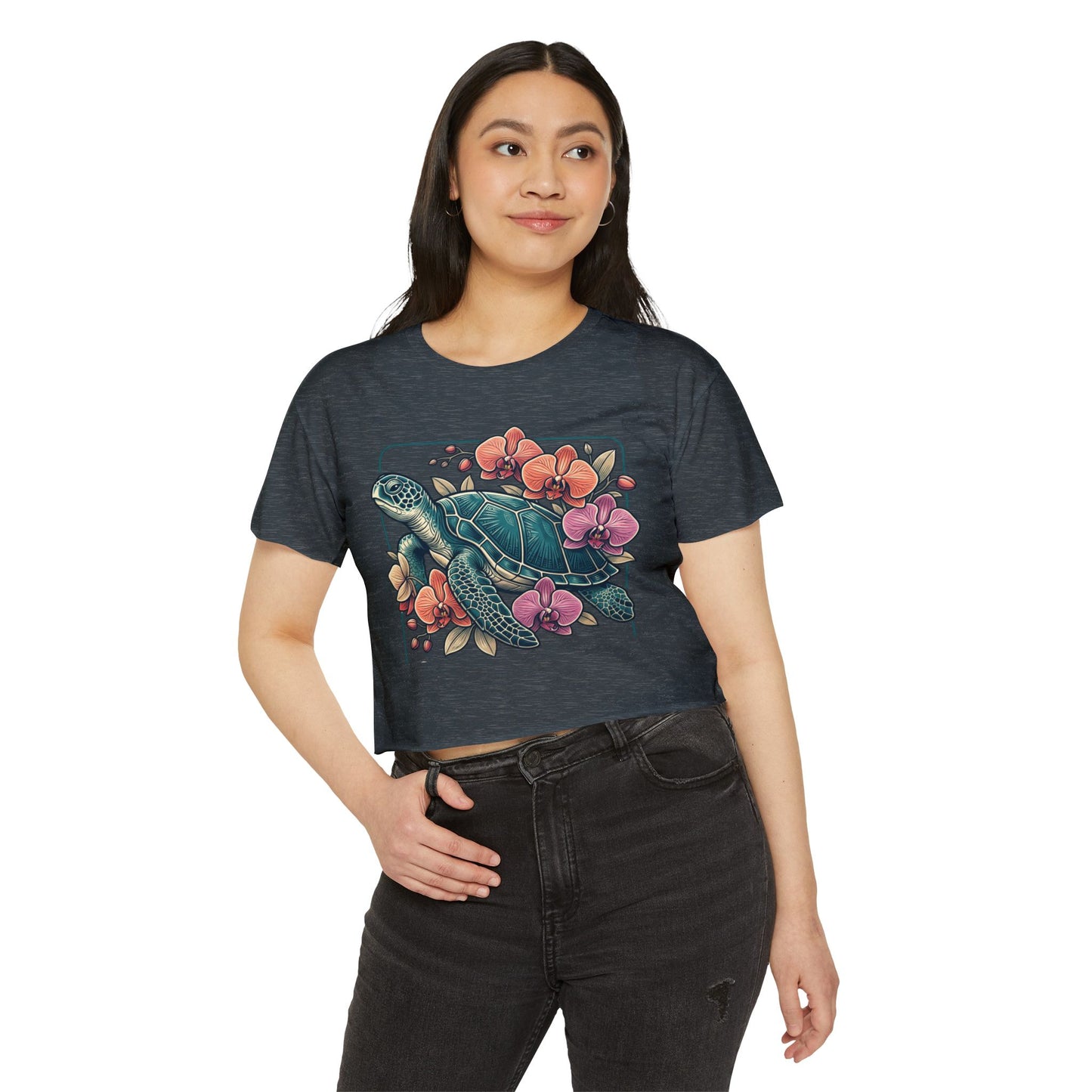 Turtle Floral Crop Top — Women’s Tropical Sea Turtle Graphic Tee