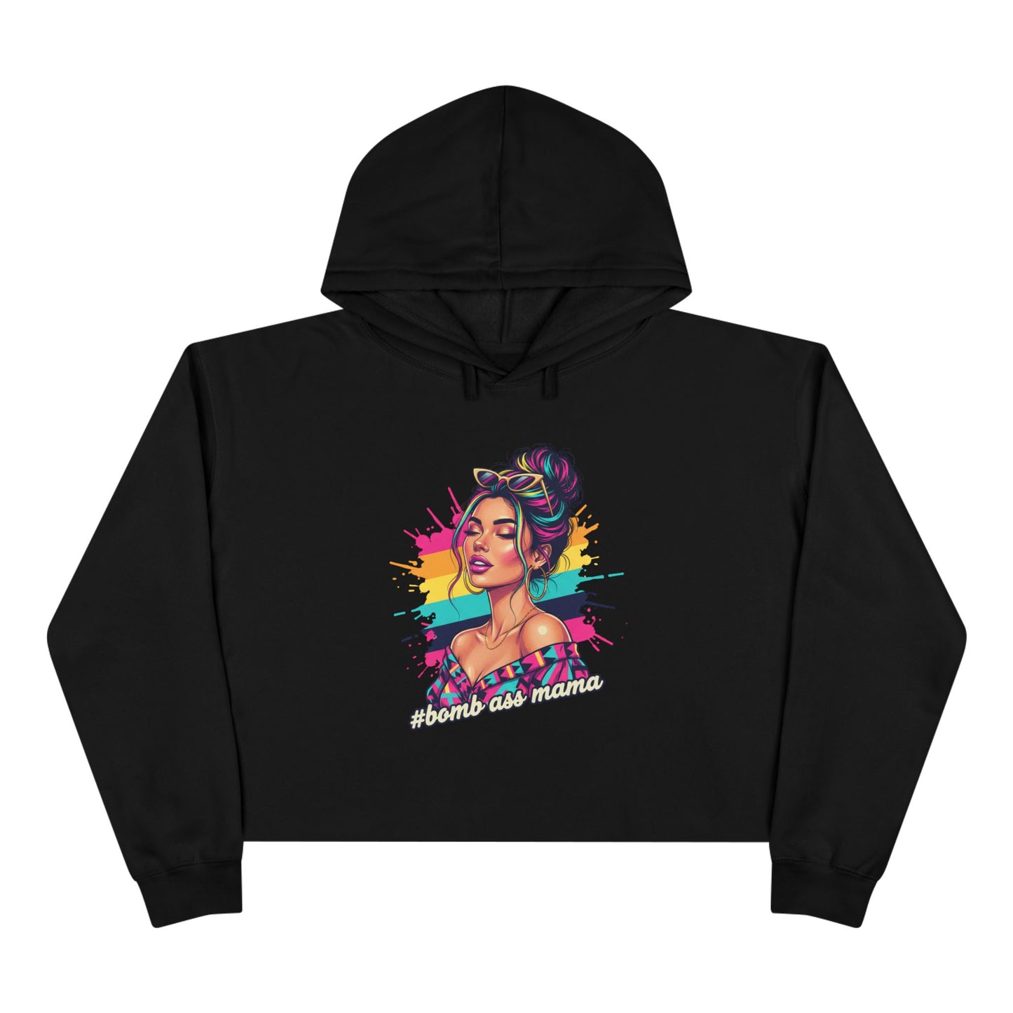 Colorful Pop Art Woman Crop Hoodie | Retro Paint Splash Portrait, Bad A*s Mama pullover