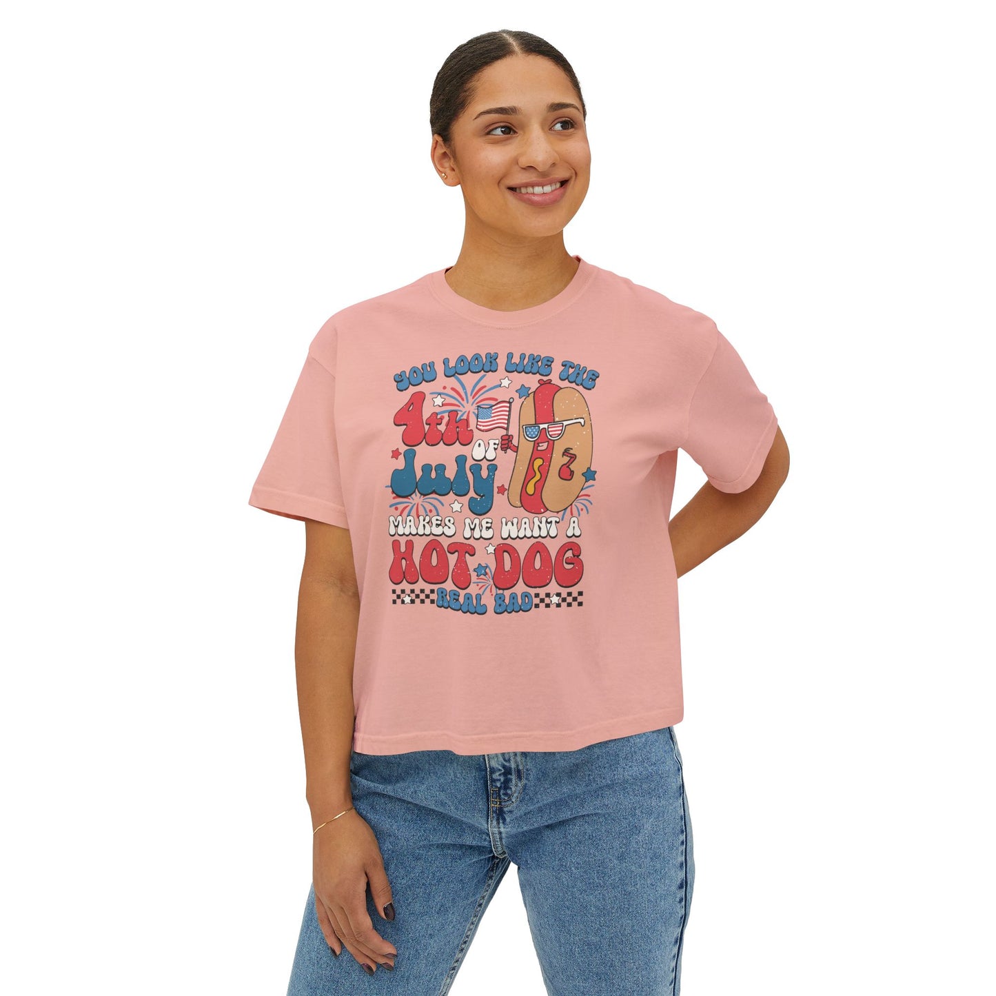 Patriotic July 4th Boxy Tee, Casual Summer Top, Fun Holiday Wear, Firework Theme Shirt, Independence Day T-Shirt