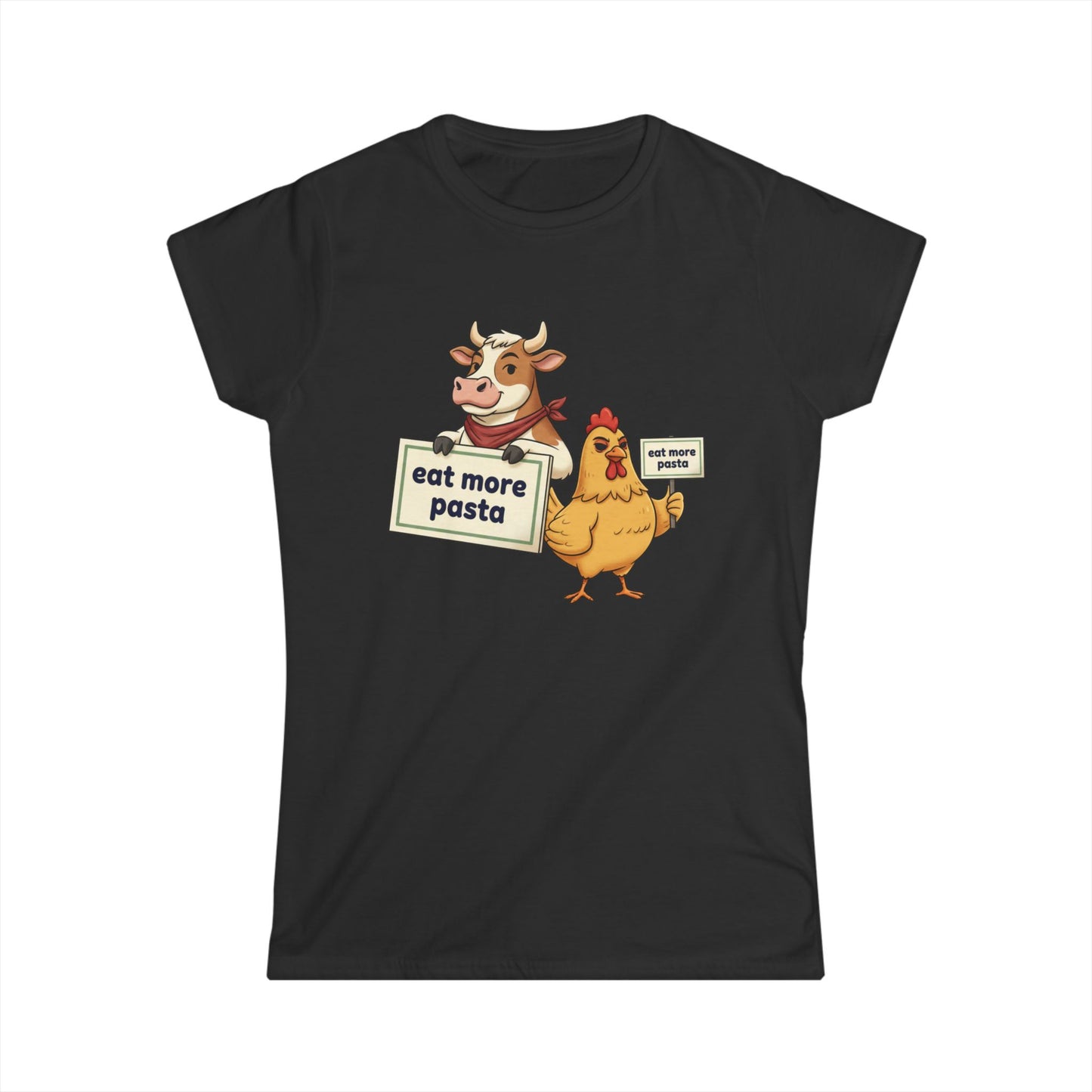 Women's Tee – Cute Cow & Chicken "Eat More Pasta" Cartoon Graphic