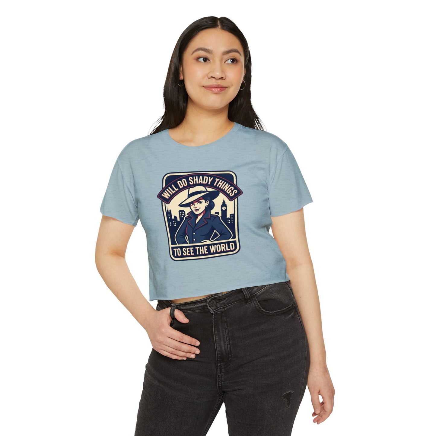 Crop Top — "Will Do Shady Things to See the World" Retro Travel Graphic