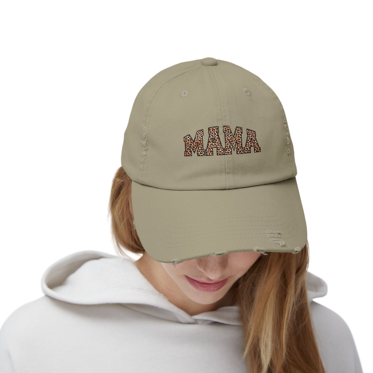 Distressed Mama Cap - Unisex Black Hat with Trendy Leopard Print