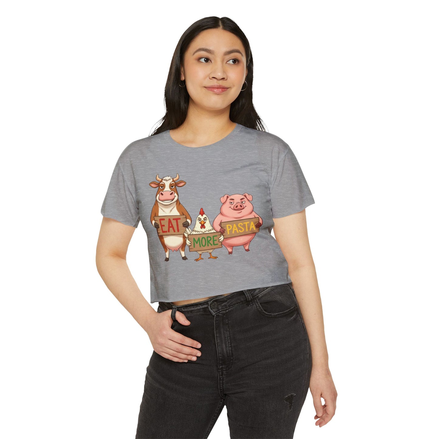 Eat More Pasta cow chicken pig design Crop Top | farm animal illustration, funny