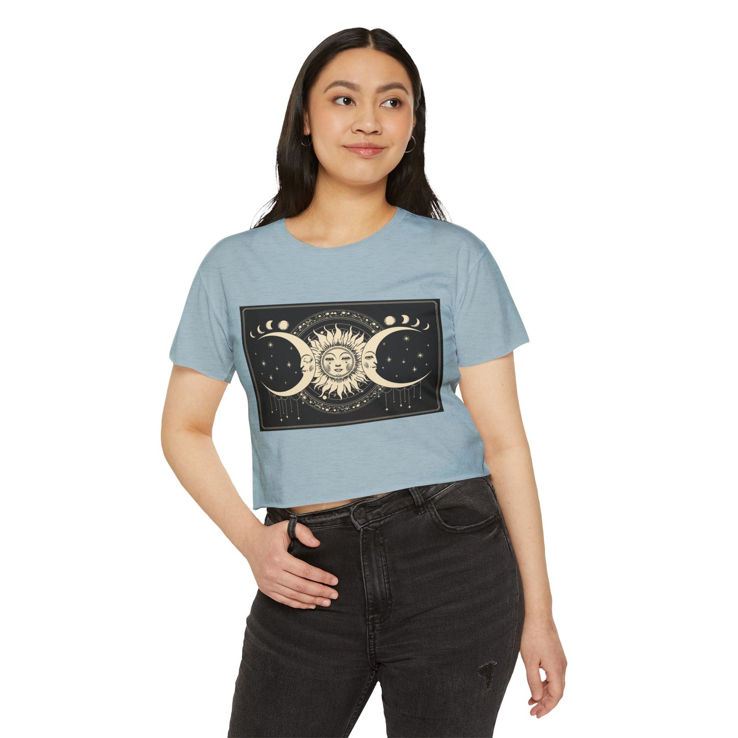 Celestial Sun & Moon Crop Top — Boho Festival Women's Tee
