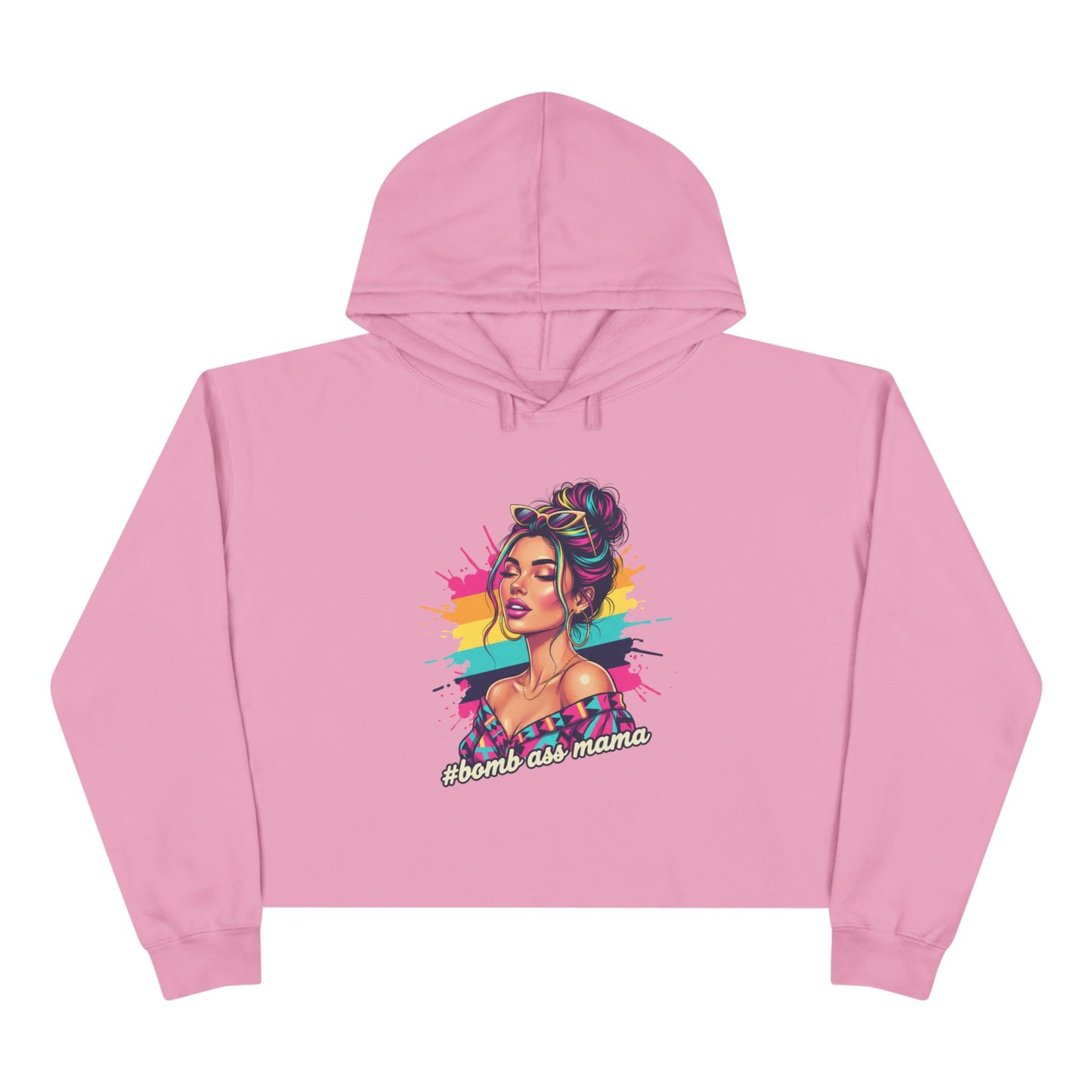 Colorful Pop Art Woman Crop Hoodie | Retro Paint Splash Portrait, Bad A*s Mama pullover