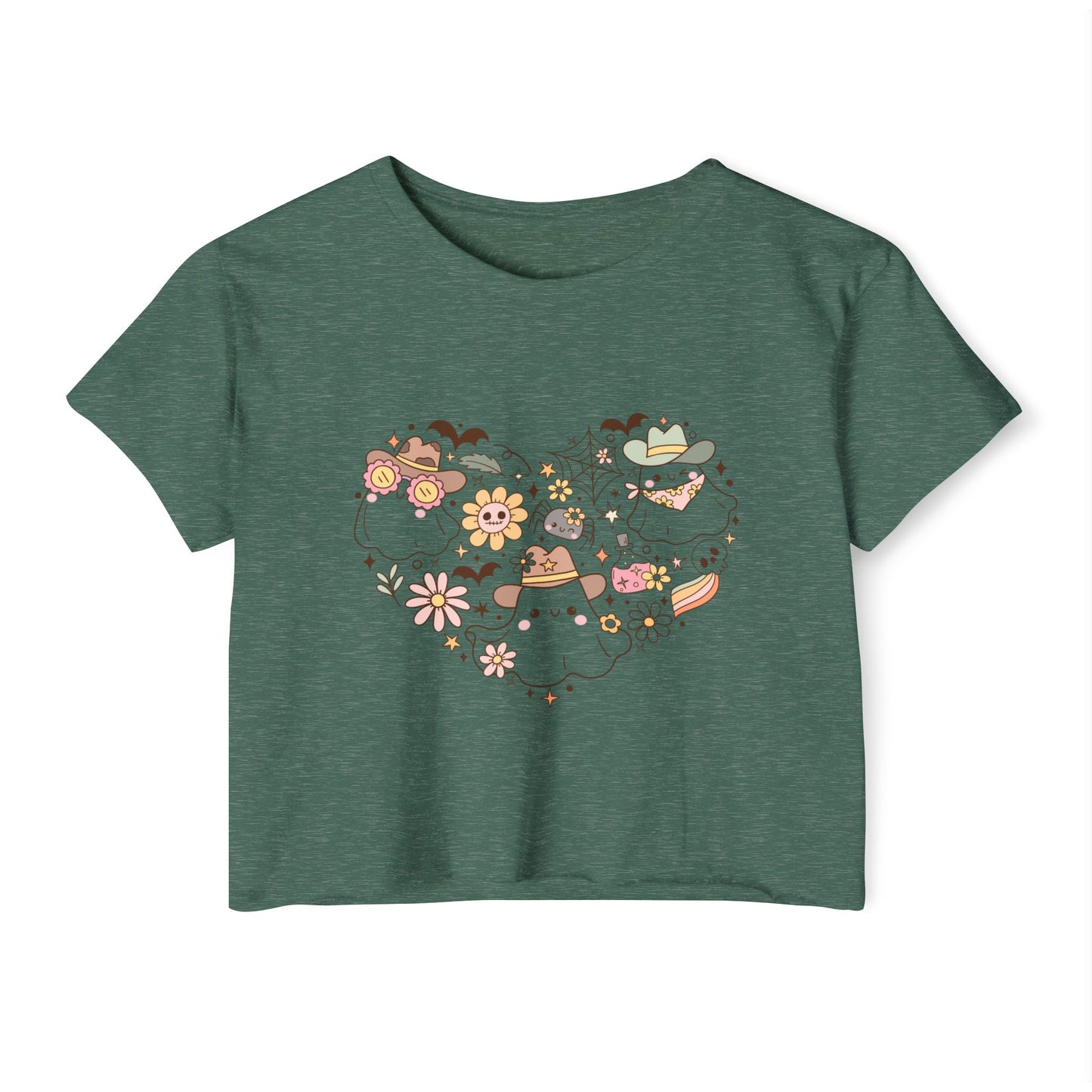 Women's crop Top with Floral Ghost Design, Summer T-Shirt, Boho Style Top, Festival Wear, Cute Casual Summer Shirt
