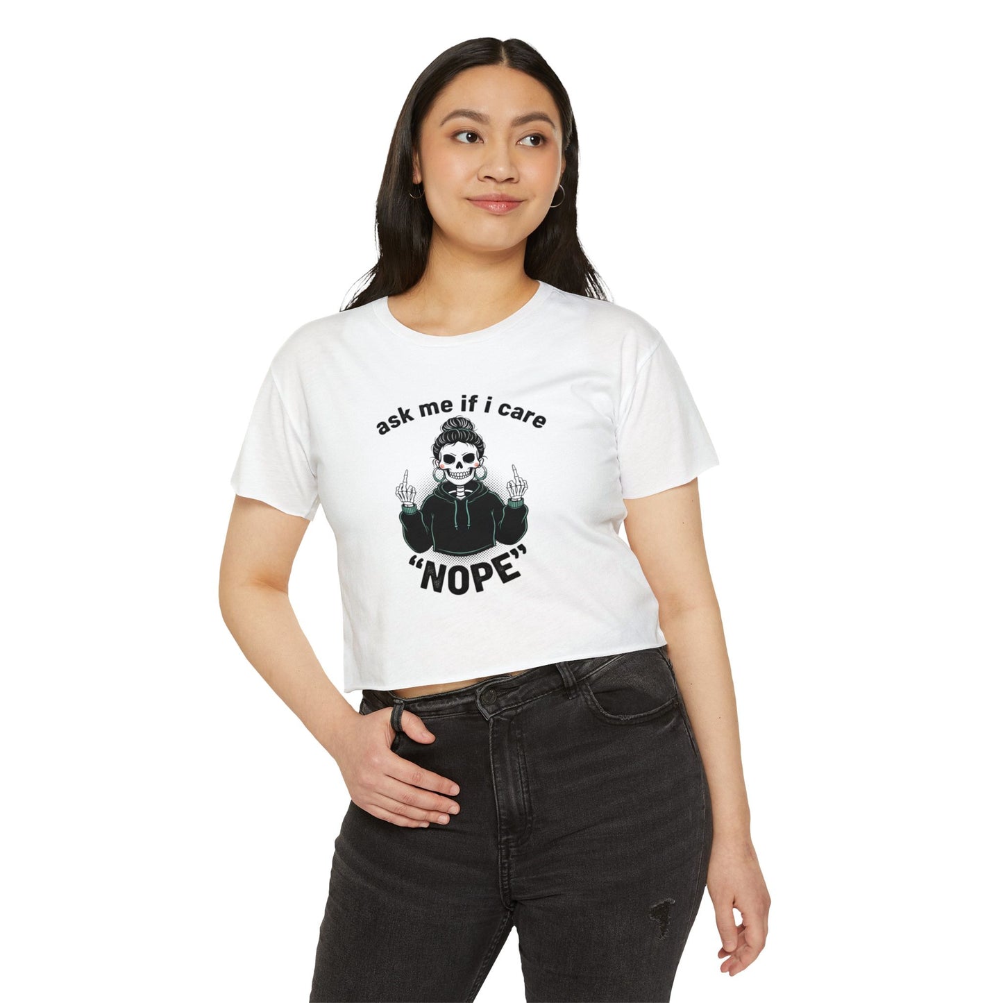Crop Top — "Ask Me If I Care" Skull Graphic Festival Shirt