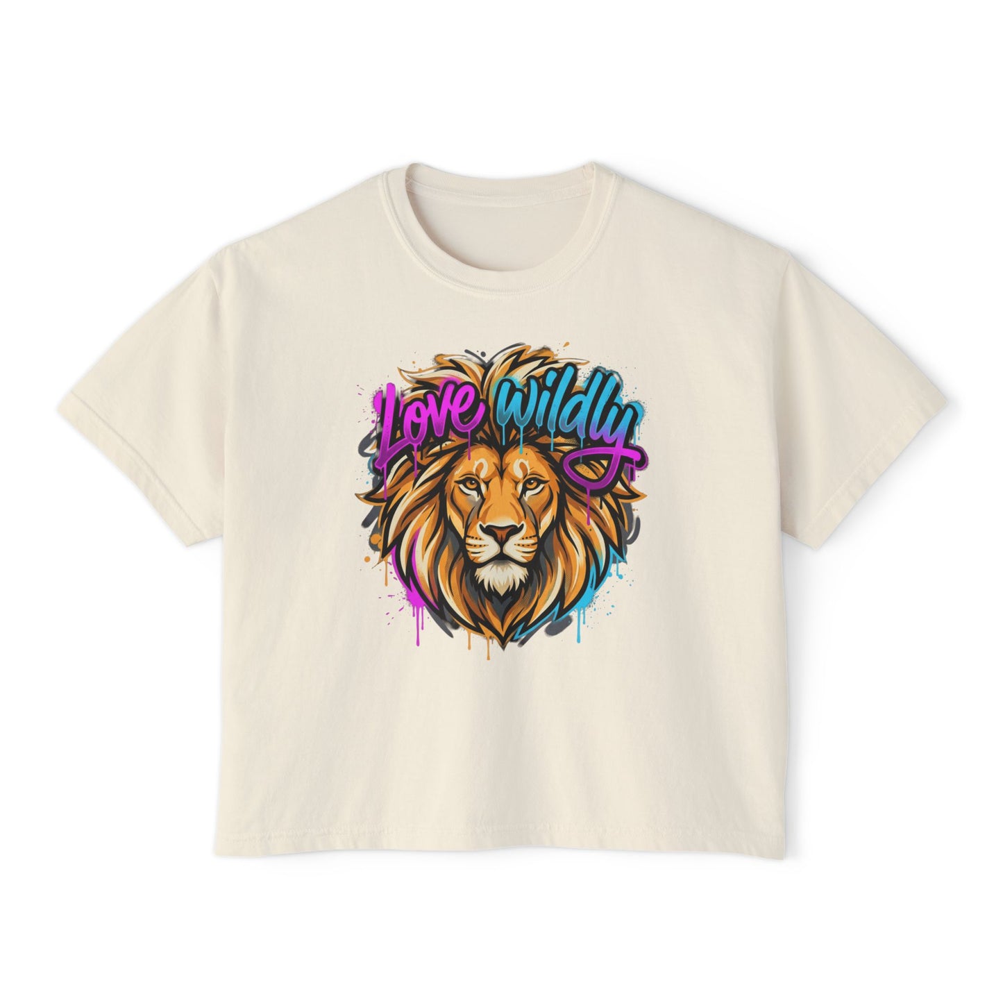 Love Wildly Lion Graphic Tee | Women's Boxy Tee, Colorful Lion Illustration