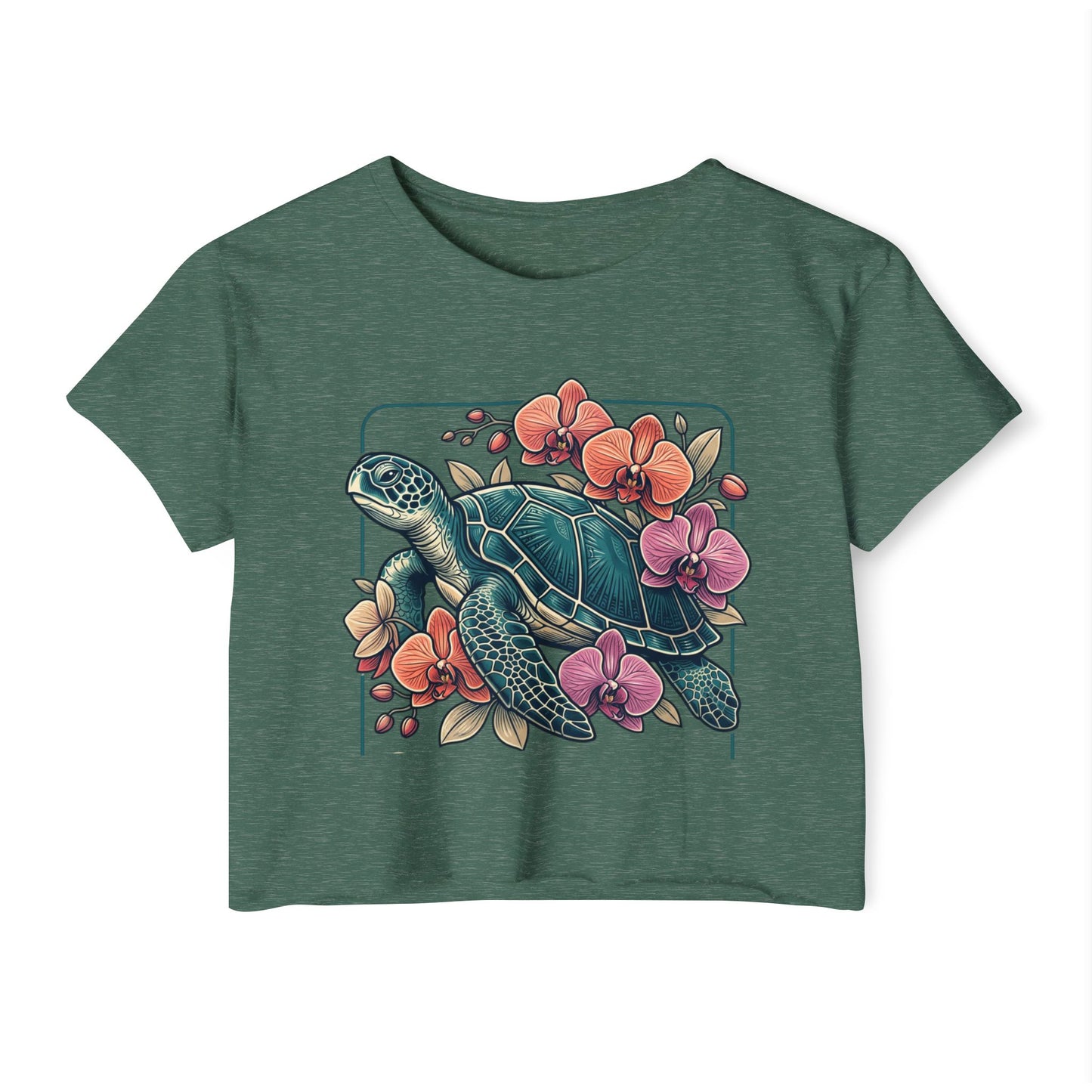 Turtle Floral Crop Top — Women’s Tropical Sea Turtle Graphic Tee