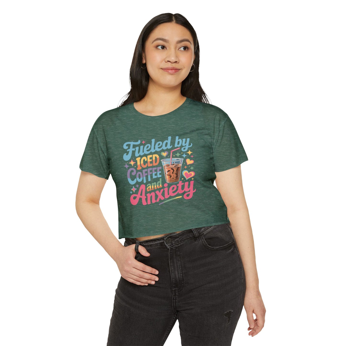 Festival Crop Top — "Fueled by Iced Coffee and Anxiety" Cute Graphic Tee for Women