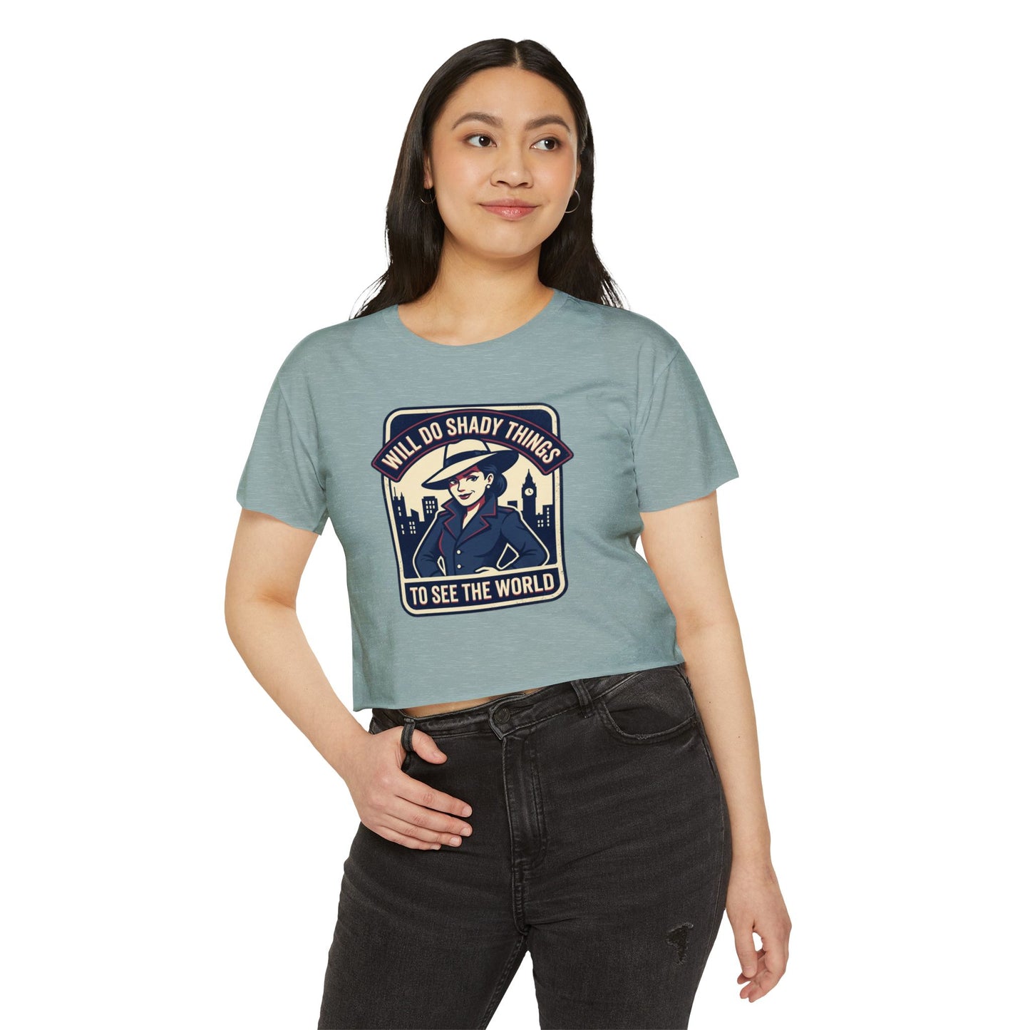 Crop Top — "Will Do Shady Things to See the World" Retro Travel Graphic