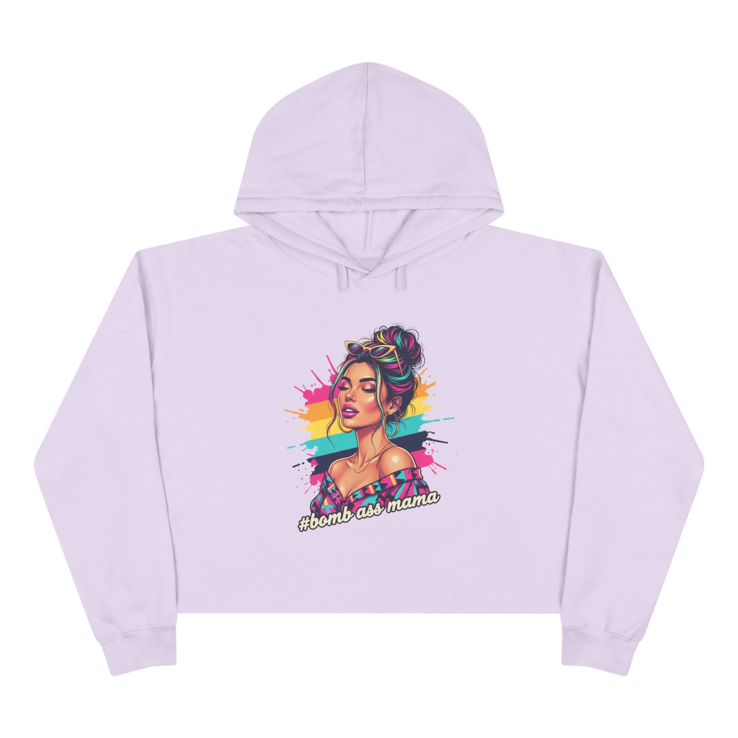 Colorful Pop Art Woman Crop Hoodie | Retro Paint Splash Portrait, Bad A*s Mama pullover