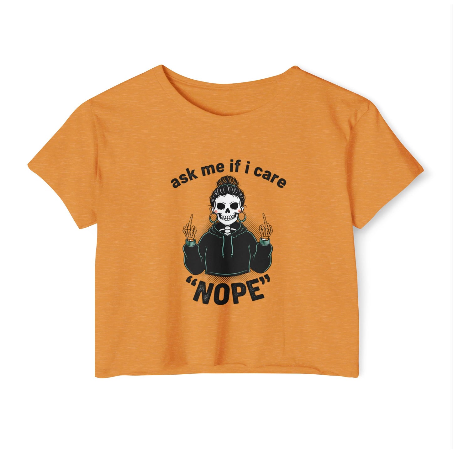 Crop Top — "Ask Me If I Care" Skull Graphic Festival Shirt